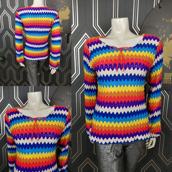 Original 1970's Rainbow Striped Summer Top Thin Knit - Great Condition - Only 55 Pounds!