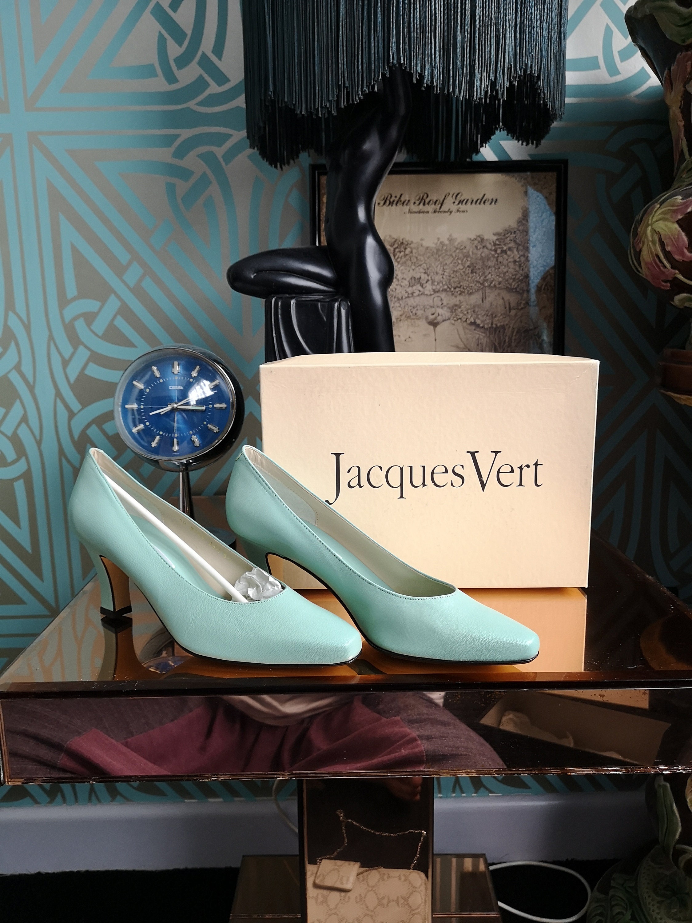 SALE *** 1980's Jacques Vert Duck Egg Blue Leather HandBag & Shoe Set Great Condition WAS 95