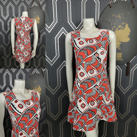 Original 1960's Red & White Celia Birtwell Style Print Mini Dress - Good Condition - Only 45 Pounds!