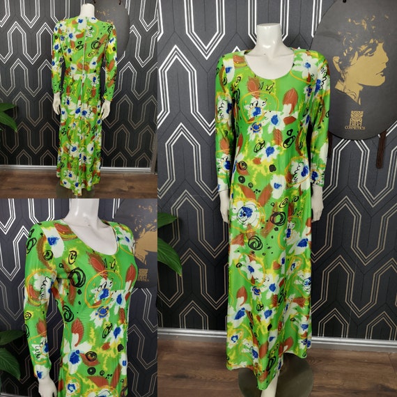 Original 1970's Leisure Lady Green Abstract Print Maxi Dress - Great Condition - Only 45 Pounds!