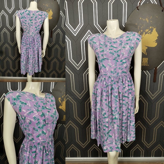 Original 1950's Purple Green & White Abstract Print Dress - Good Condition - Only 45 Pounds!