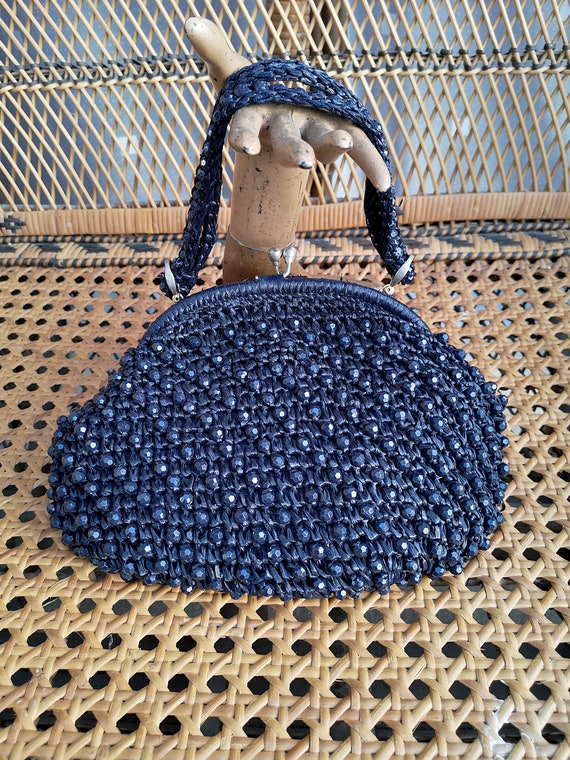 Original 1960's St Michael's Italian Large Navy Raffia Beaded Handbag - Good Condition - Only 35 Pounds!