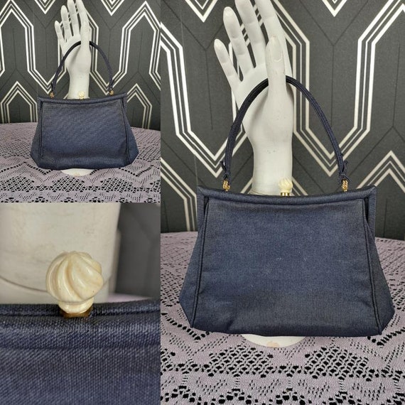 Original 1940's / 1950's Navy Cotton Bakelite Clasp Handbag - Good Condition - Only 25 Pounds!