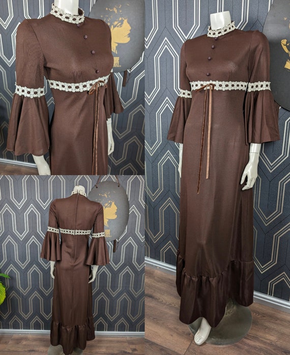Original 1970's Chocolate Brown Polyester Maxi Dress - Good Condition - Only 45 Pounds!