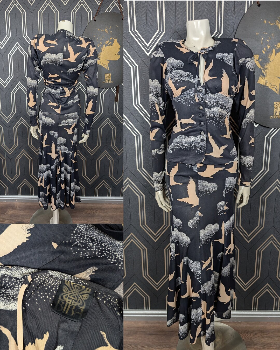 Original 1974 Iconic Biba Bird Cloud Print Skirt Top Suit Set