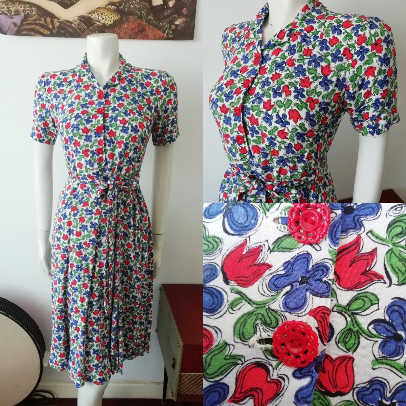 Original 1940's Soft Cotton Tea Dress In Red And Blue Floral Print