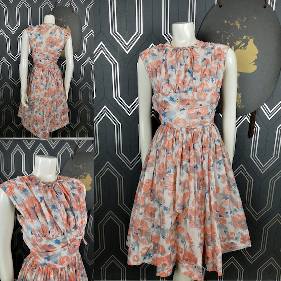 Original 1950's Orange Floral Acetate Dress - Good Condition - Only 45 Pounds!