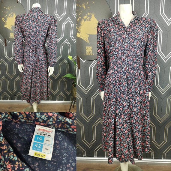 Original Late 1970's Early 1980's St Michaels Cotton Navy Floral Printed Dress - Good Condition - Only 25 Pounds!