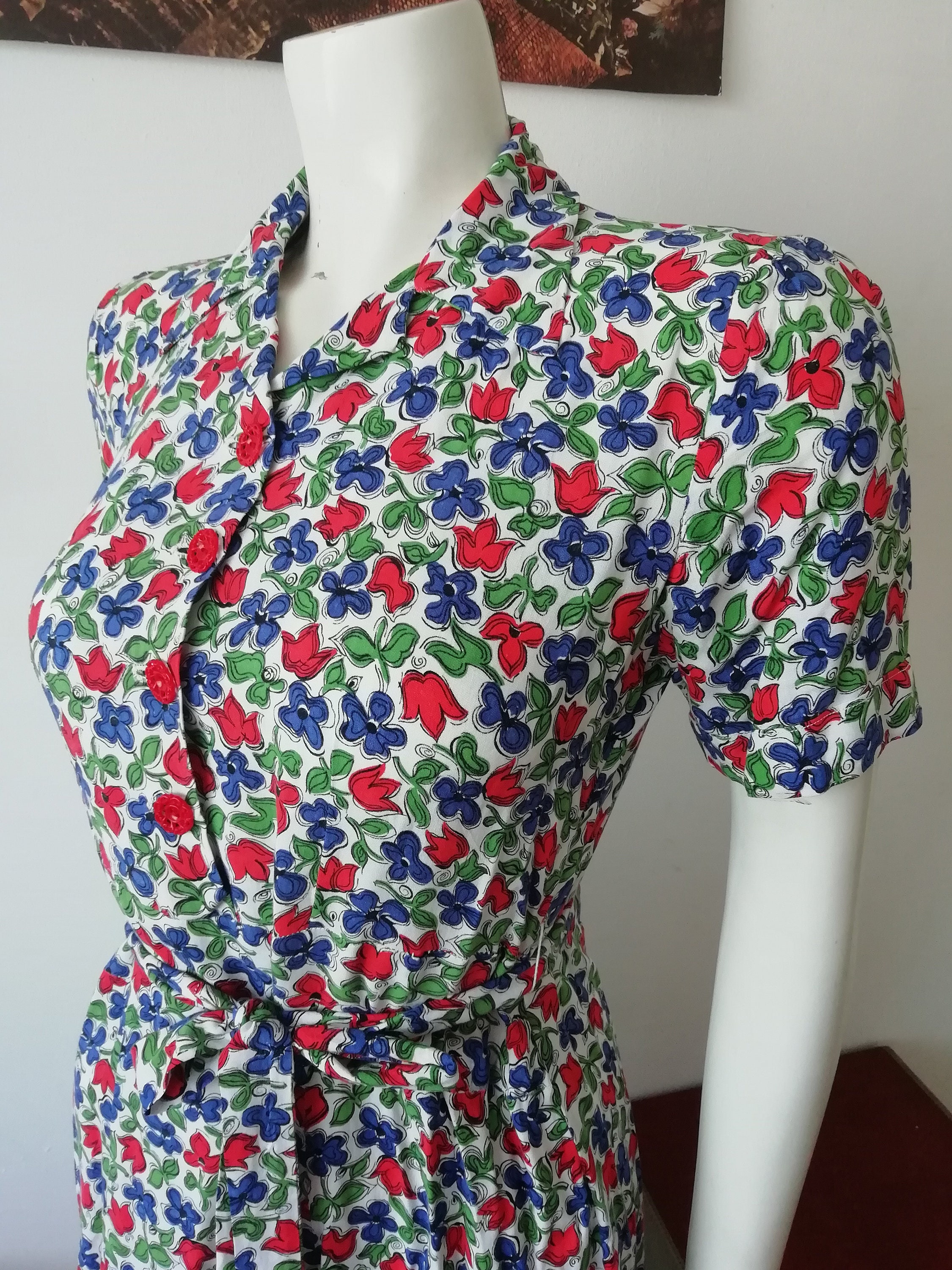 Original 1940's Soft Cotton Tea Dress In Red And Blue Floral Print