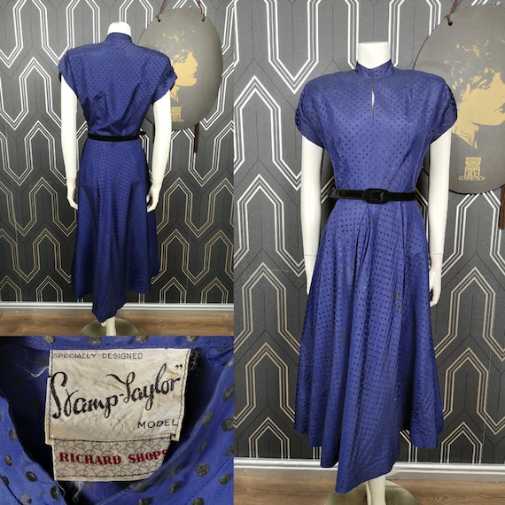 Original 1950's Midnight Blue Black Flocked Polka Dot Stamp Taylor Dress - Good Condition - Only 65 Pounds!