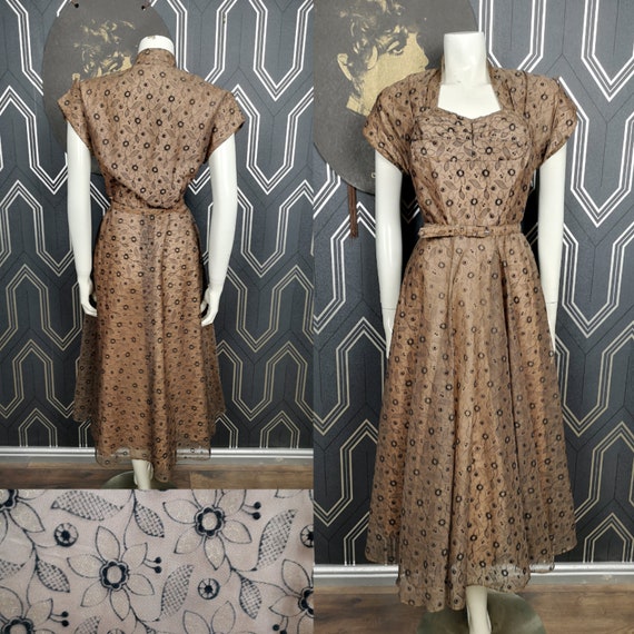 Original 1950's Chocolate Brown Flocked Floral Full Circle Dress - Good Condition - Only 75 Pounds!