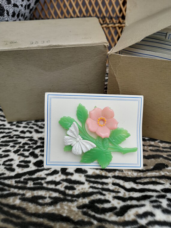 Original 1960's Deadstock Novelty Flower & Butterfly Brooch - Mint On Card - Only 12 Pounds Each!