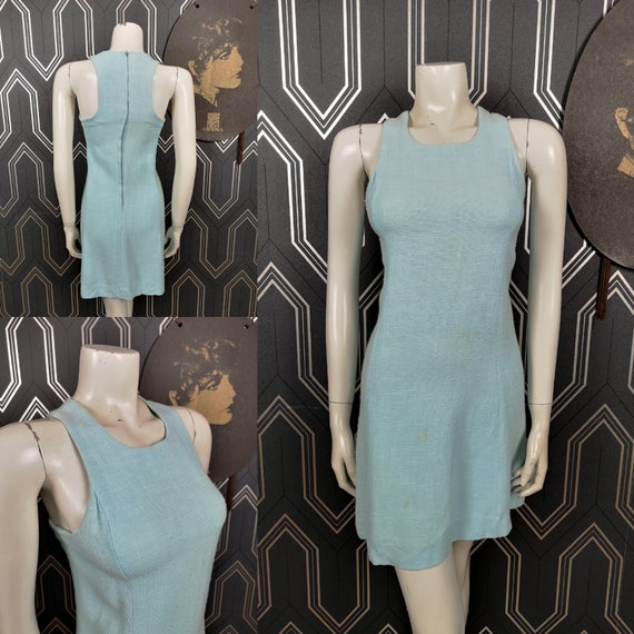 Rare Original 1966 Biba Baby Blue Linen Cotton Mini Dress - Good Condition - Only 295 Pounds!