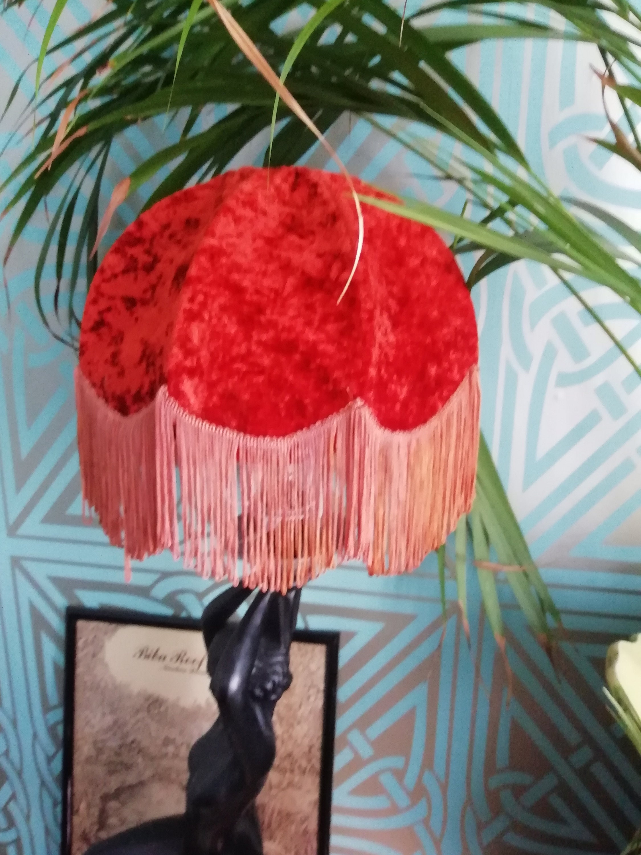 Original 1970s Biba Small Rust Red Long Fringe Cotton Velvet Lampshade