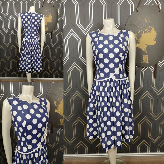 Original 1950's Cotton Blue White Large Polka Dot Print Dress - Good Condition - Only 65 Pounds!