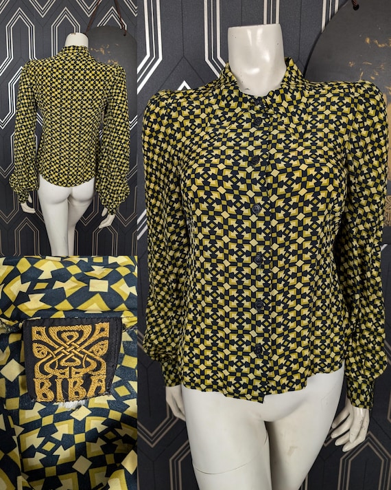 Original 1969 Biba Mens Black Yellow Print Rayon Blouse Shirt - Fair Condition  - Only 195 Pounds!