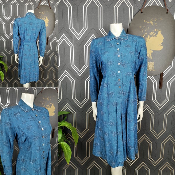 Original 1950's Blue Abstract Print Heavy Satin Dress - Good Condition - Only 45 Pounds!