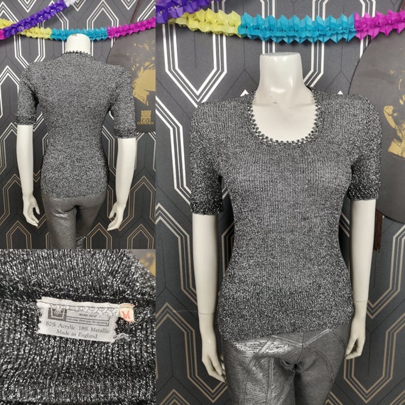 Original 1960's Silver Lurex Short Sleeve Ribbed Top - Good Condition - Only 45 Pounds!