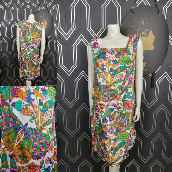 Original 1960's Bright Butterfly Floral Print Shift Dress - Good Condition - Only 35 Pounds!