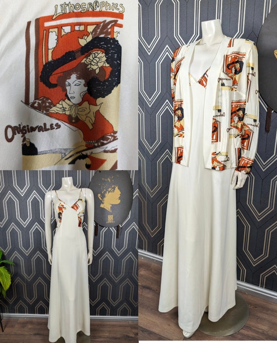 Original 1970's French Poly Print Maxi Dress Jacket Set - Good Condition - Only 65 Pounds!