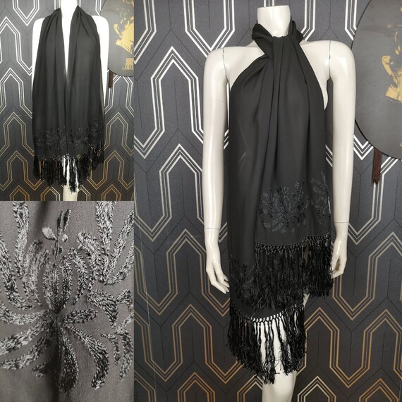 Original 1920's Long Silk Georgette Embroidered Shawl - Great Condition - Only 65 Pounds!