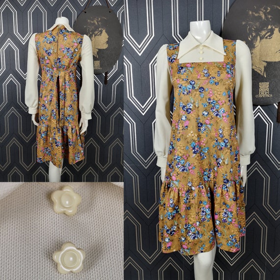 Original 1960's Brown & Cream Floral Mini Dress - Good Condition - Only 45 Pounds!