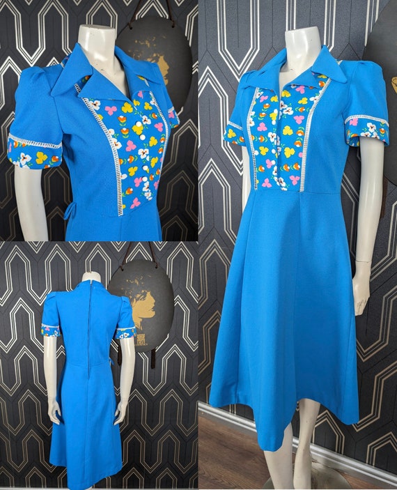 Original 1960's Bright Blue Floral Scooter Midi Dress - Good Condition - Only 45 Pounds!
