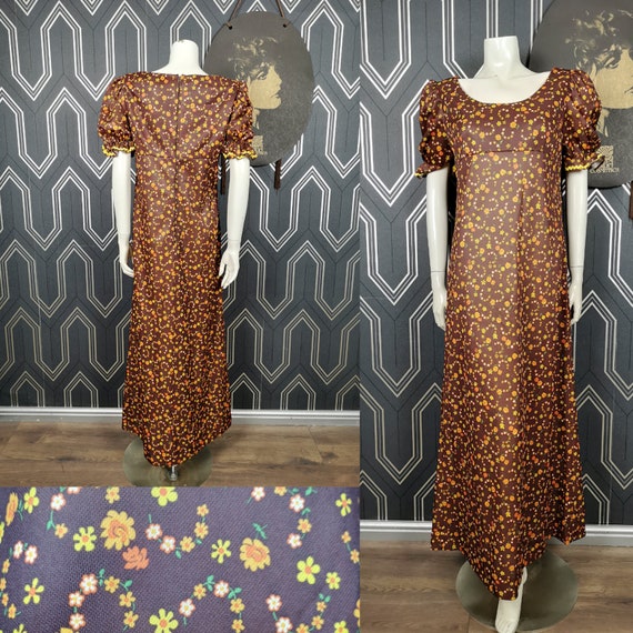 Original 1970's Brown & Orange Floral Design Prairie Maxi Dress - Good Condition - Only 45 Pounds!