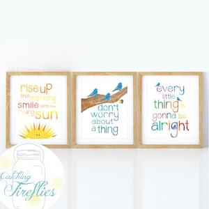 Three little Birds Wall Art Set of 3 8&quot; x 10&quot; Prints Don&#39;t Worry, Every Little Thing is Gonna be Alright, Marley inspired, unframed
