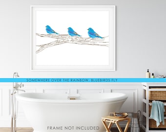 Somewhere Over the Rainbow, Bluebirds Fly Colorful Print, Wall Art, Landscape, Illustration 3 Birds on branch, Frame Not Included