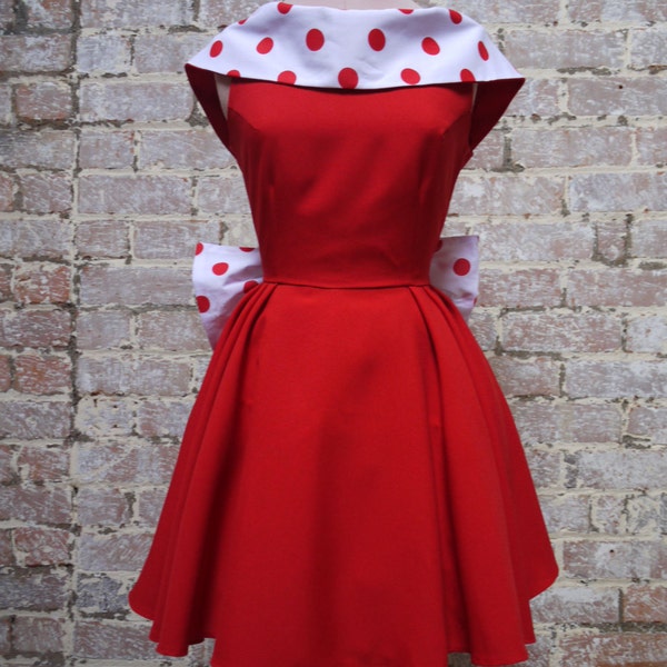 red dress/polka dots/big collar/full skirt/huge bow/1950s style/CUSTOM MADE AVAILABLE