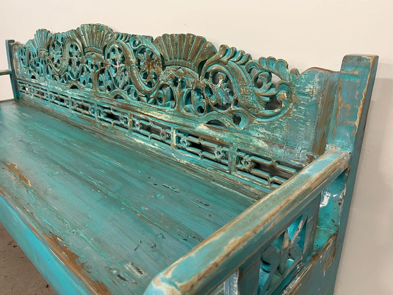 Turquoise Bench Large Turquoise Blue Reclaimed Wood Carved Bench Antique Panel - Etsy