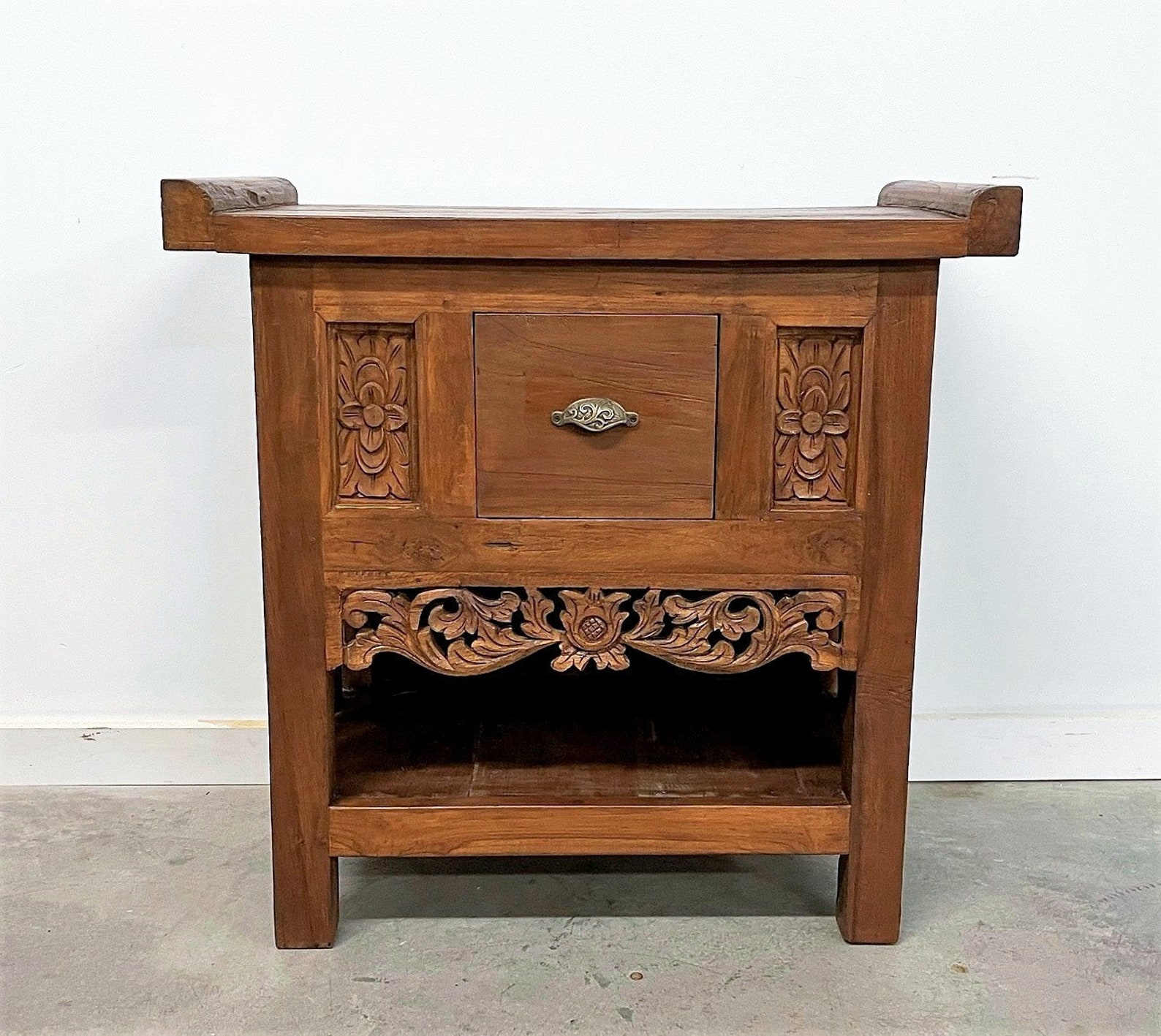Reclaimed Teak Carved Indonesian Side Table with Drawer Etsy