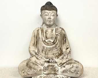 Hand Carved Meditating Buddha Balinese Statue Large Antiqued