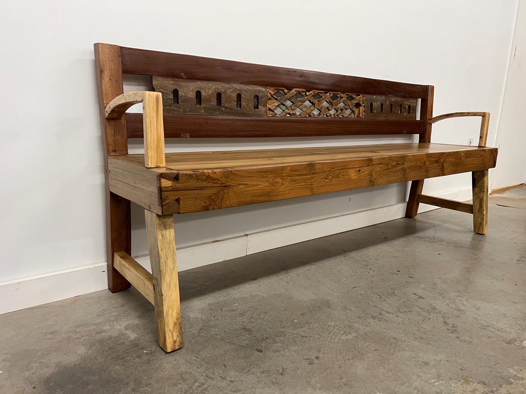 Reclaimed Solid Wood Arm Bench With Back With Antique Carved Wood ...