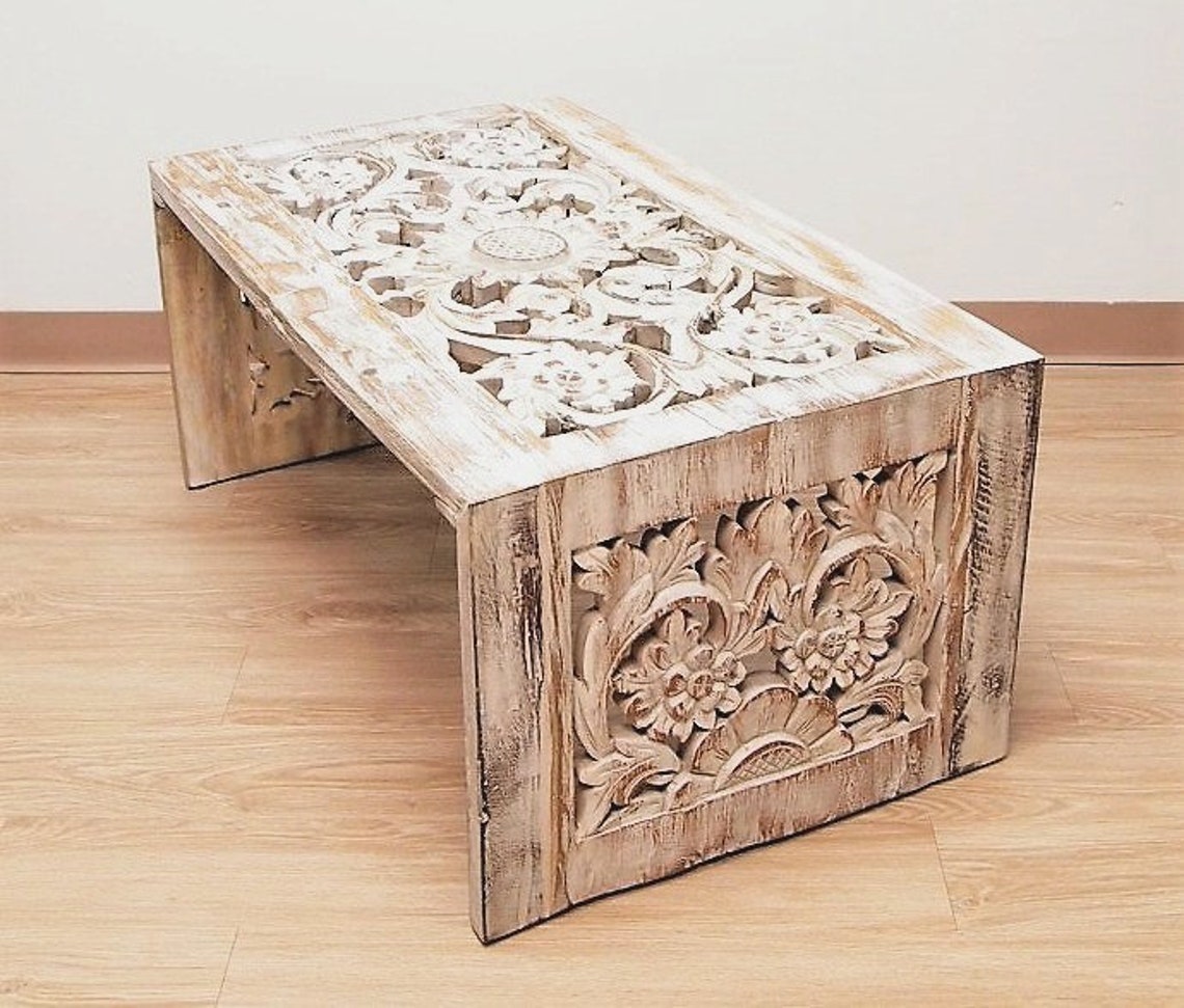 Hand Carved Reclaimed Wood Coffee Table Whitewash Finish Etsy