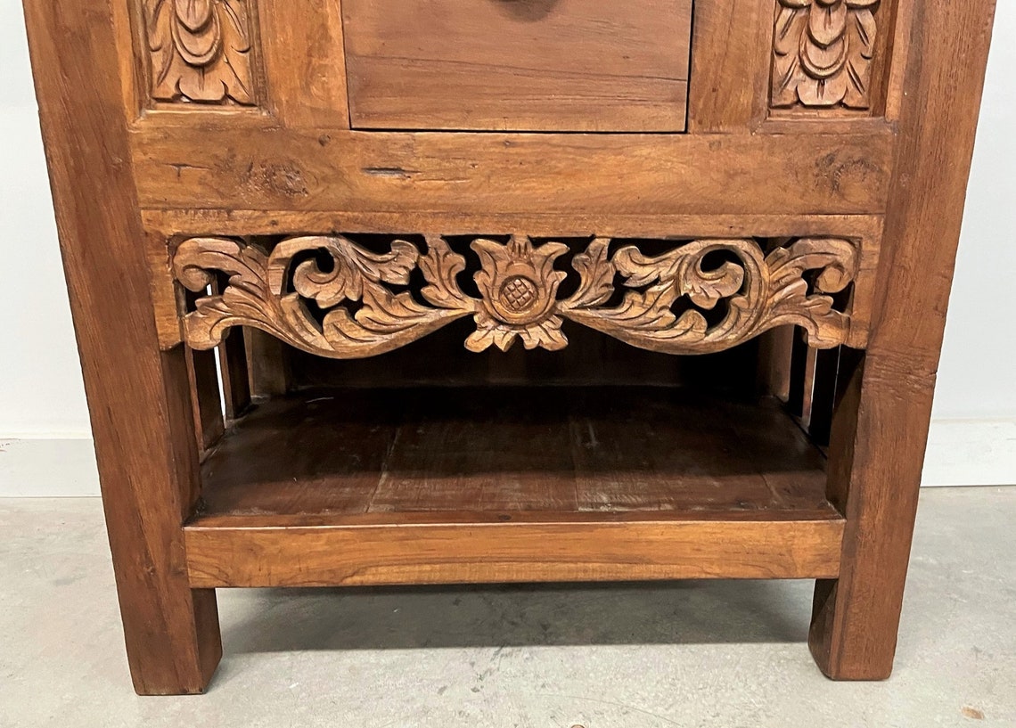 Reclaimed Teak Carved Indonesian Side Table with Drawer Etsy