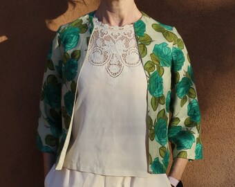1950s Vintage Handmade Blue-Green Rose Printed Tussah Silk Three-Quarter Sleeve Cropped Cardigan