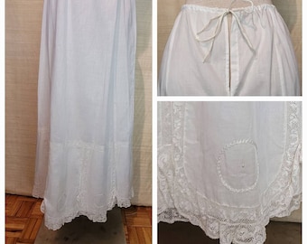 Antique Victorian / Edwardian Petticoat w/ Scalloped Lace and Hand-embroidered Details
