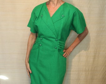 1980s Vintage Miss Oops California Short Sleeved Double Breasted Green Officewear Dress with Attached Belt
