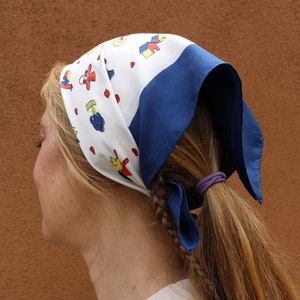 1940s Vintage White and Primary Colors Farm Print Square Scarf