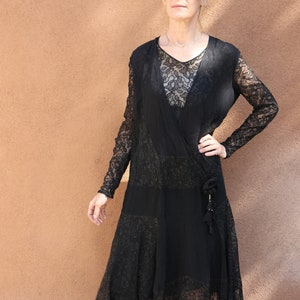 1920s Antique Black Lace Dropwaist Long Sleeve Flapper Dress