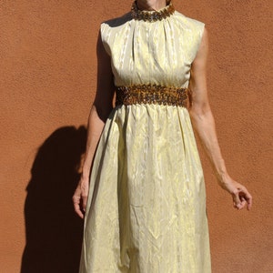 1970s Vintage Handmade Patterned Gold Lame Gown with Gold Sequin Trim