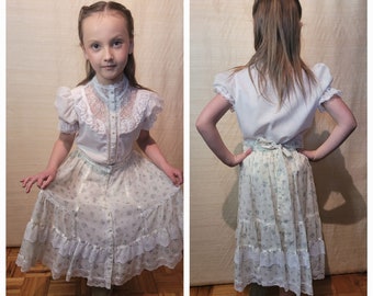 1970s Vintage Gunne Sax Jeune Fille Blue Gingham Two Piece Skirt and Blouse Set