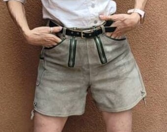 1970s Vintage Suede Lederhosen Shorts with Green Leather Trim