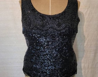 1950s Vintage Sequin & Bead Sleeveless Wool Sweater hand Decorated in British Hong Kong