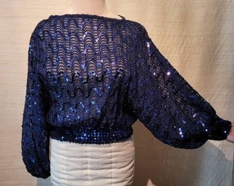 1970s Vintage Blue Sequin Bat Wing Blouse