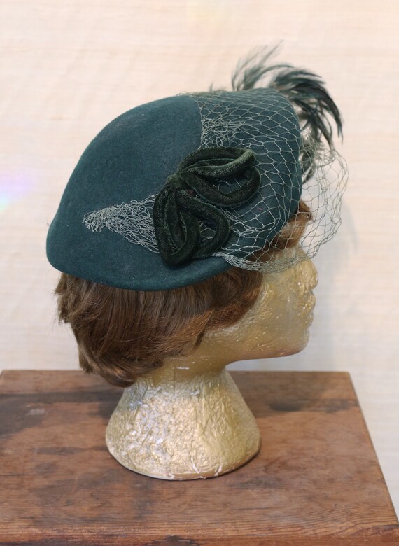 1940s Vintage Blue-Green Wool Felt Flat Cap Hat w… - image 2