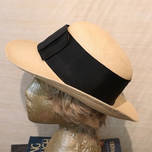 1980s Vintage Straw Sun Hat w/ Wide Black Grosgrain Band and 2 Button Detail