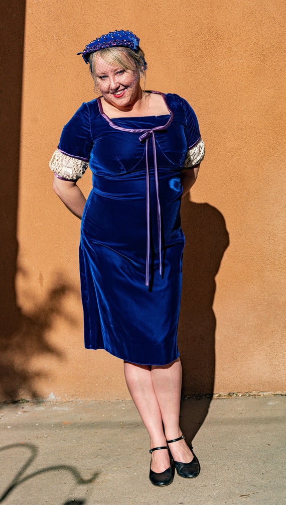 1960s Vintage Handmade Blue Velvet Dress with Whit